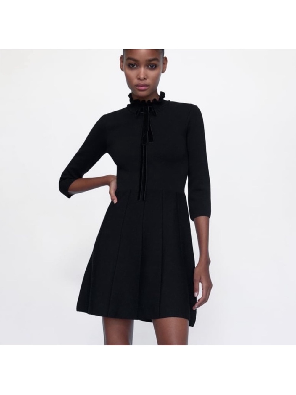 Zara Black Ruffled Tie-Neck Midi Dress